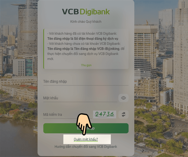 Quên mật khẩu internet banking vietcombank